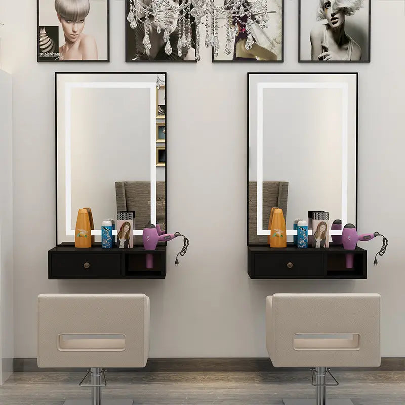 Wall Mount Salon Station with Led Lamp Mirror | Black (price per unit)
